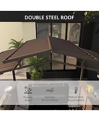 Outsunny 8'x5' Bbq Grill Gazebo with 2 Side Shelves, Outdoor Double Tiered Interlaced Polycarbonate Roof with Steel Frame, Brown