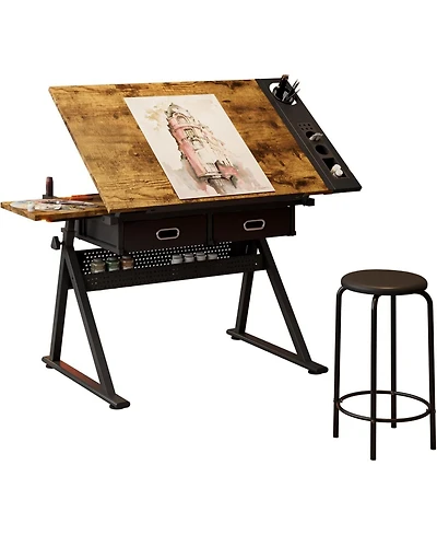 gaomon Height Adjustable Wood Drafting Table with Tilted Tabletop and 2 Drawers