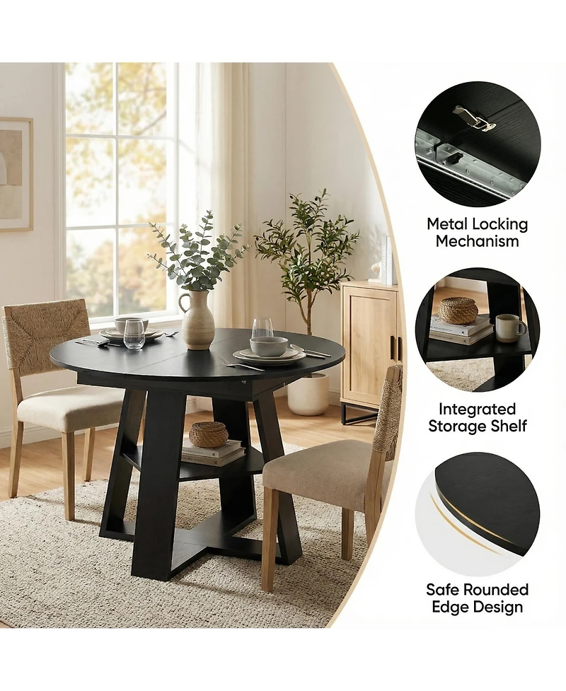 Rainsken 43.3-59" Extendable Wood Oval Dining Table with Removable Leaves and Storage Shelf