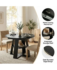 Rainsken 43.3-59" Extendable Wood Oval Dining Table with Removable Leaves and Storage Shelf