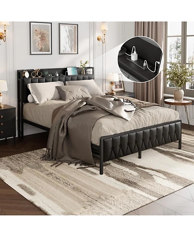 gaomon Size Bed Frame with Charging Station, Faux Leather Headboard and and Footboard, No Box Spring