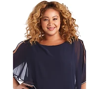 R & M Richards Plus Metallic Stripe Rhinestone Trim Poncho Dress