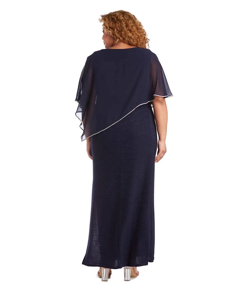 R & M Richards Plus Metallic Stripe Rhinestone Trim Poncho Dress