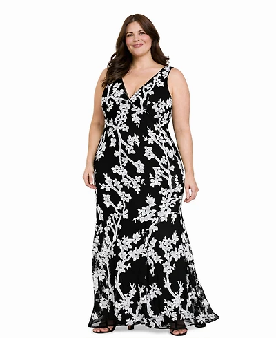 R & M Richards Plus Floral Sequin V-Neck Long Gown