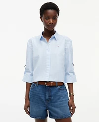 Tommy Hilfiger Women's Cropped Collared Roll-Tab Cotton Shirt