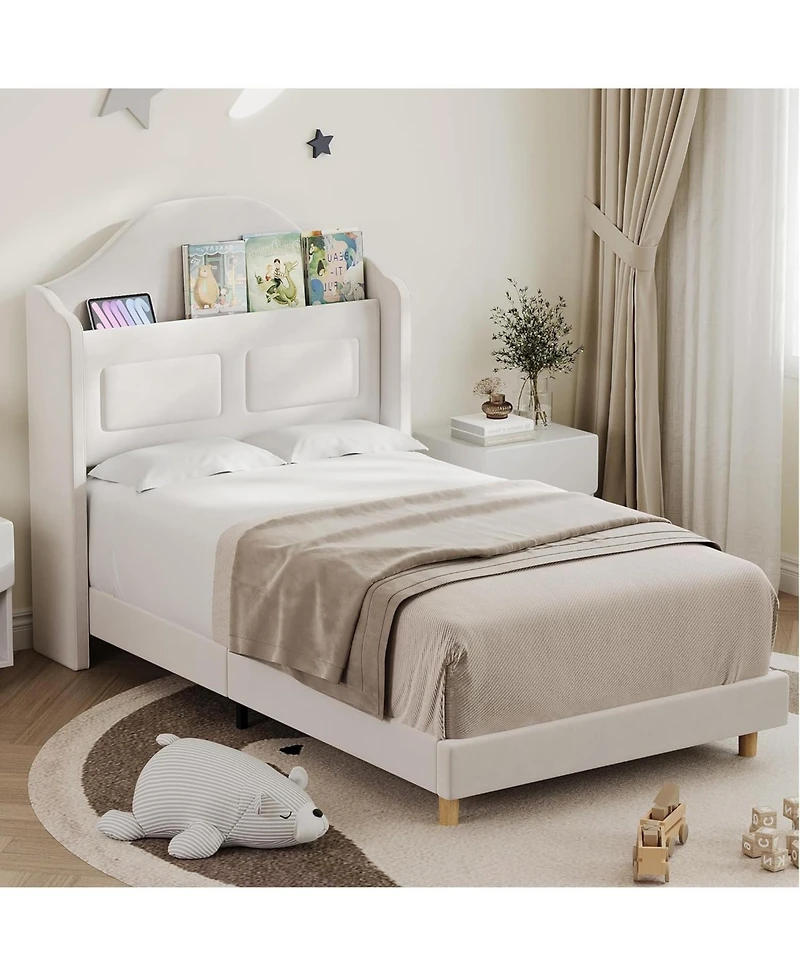 gaomon 2 Pack Upholstered Velvet Princess Bed Frame with Led Lights, Wingback Bookcase Headboard, Kids Platform for Girls and Boys, Noise-Free