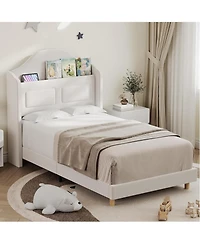 gaomon 2 Pack Upholstered Velvet Princess Bed Frame with Led Lights, Wingback Bookcase Headboard, Kids Platform for Girls and Boys, Noise-Free