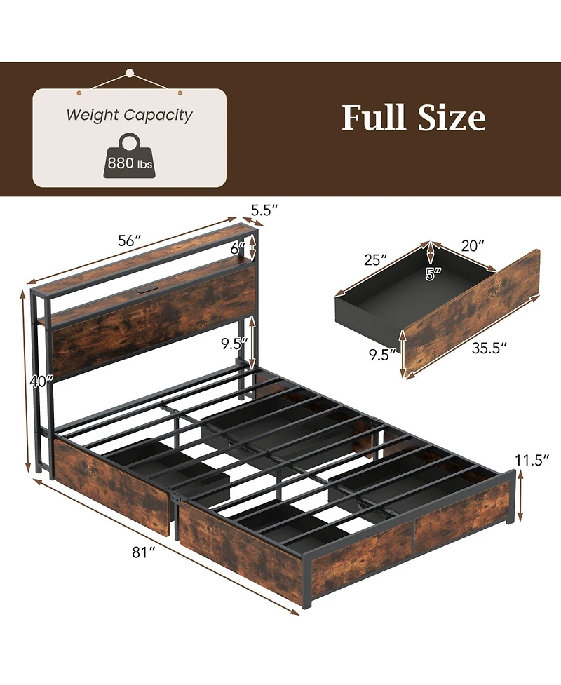 Gymax Full Size Led Bed Frame with 2-Tier Storage Headboard and 4 Drawers Charging Station