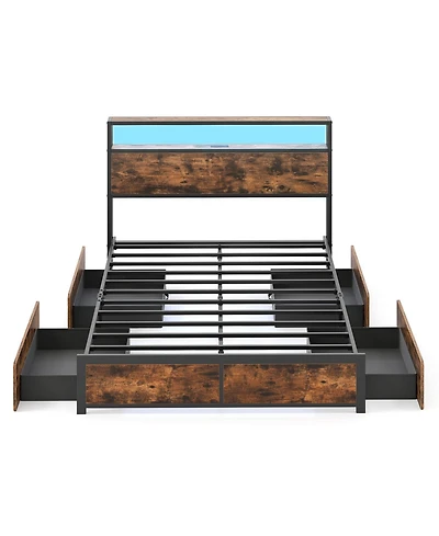 Gymax Full Size Led Bed Frame with 2-Tier Storage Headboard and 4 Drawers Charging Station