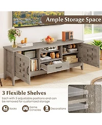 Sugift Farmhouse Tv Stand for 65 Inch TVs with 2 Woven Accent Doors and 3 Adjustable Shelves-Oak