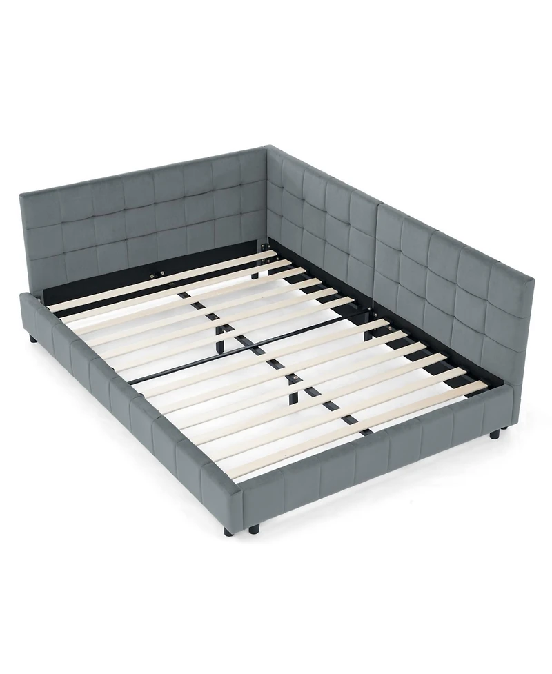 Rainsken Full Daybed L-Shaped, Modern Velvet Upholstered Sofa Day Bed, with Wood Slats, for Living Room Bedroom Guest Room, No Box Spring Needed