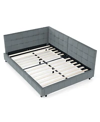 Rainsken Full Daybed L-Shaped, Modern Velvet Upholstered Sofa Day Bed, with Wood Slats, for Living Room Bedroom Guest Room, No Box Spring Needed