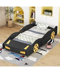 Rainsken Race Car Shaped Platform Bed, with Wheels and Storage, Wood Bed Frame, No Box Spring Needed