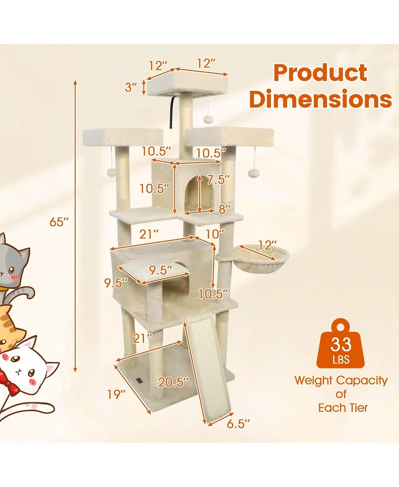 Cozito Cat Tree 65 inch with 3 Upholstered Perches and 2 Condos