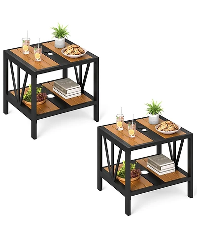 Gymax 2PCS Outdoor Side Table 2-Tier Coffee End Table w/ 1.57'' Umbrella Hole Storage Shelf