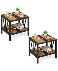 Gymax 2PCS Outdoor Side Table 2-Tier Coffee End Table w/ 1.57'' Umbrella Hole Storage Shelf