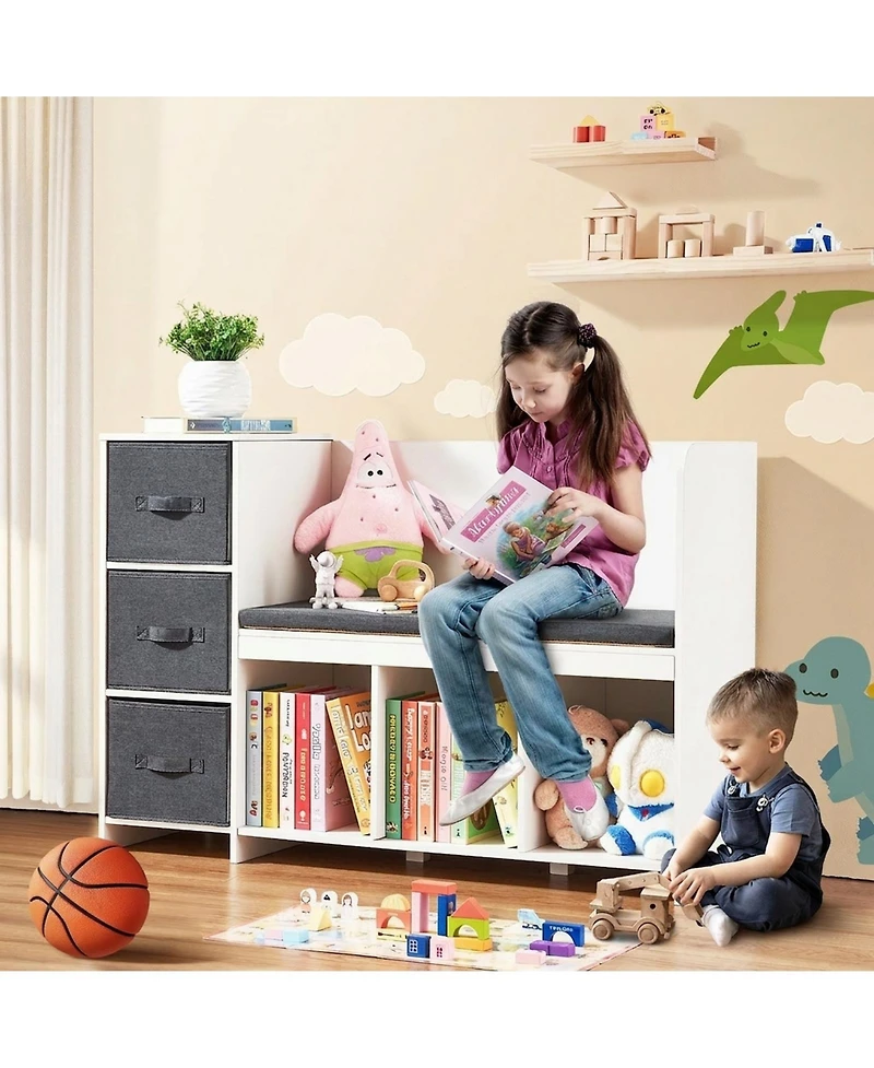 Gouun Kids Reading Nook Bench with Bookshelf 6 Cubbies 3 Drawers and Seat Cushion
