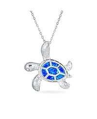 Bling Jewelry Nautical Created Opal Inlay Turtle Pendant Necklace .925 Sterling Silver