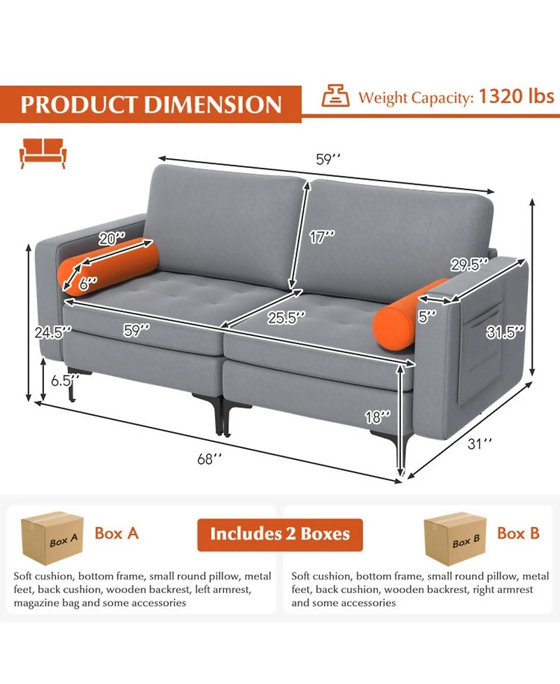 Gouun Metal Frame Modern Compact Loveseat with Bolster Pillows and Side Pocket