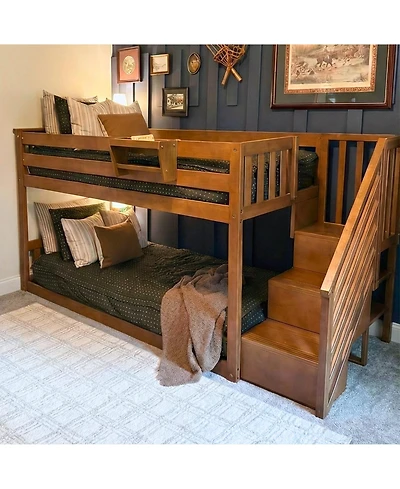 Max & Lily Solid Wood Low Bunk Bed for Kids with Staircase