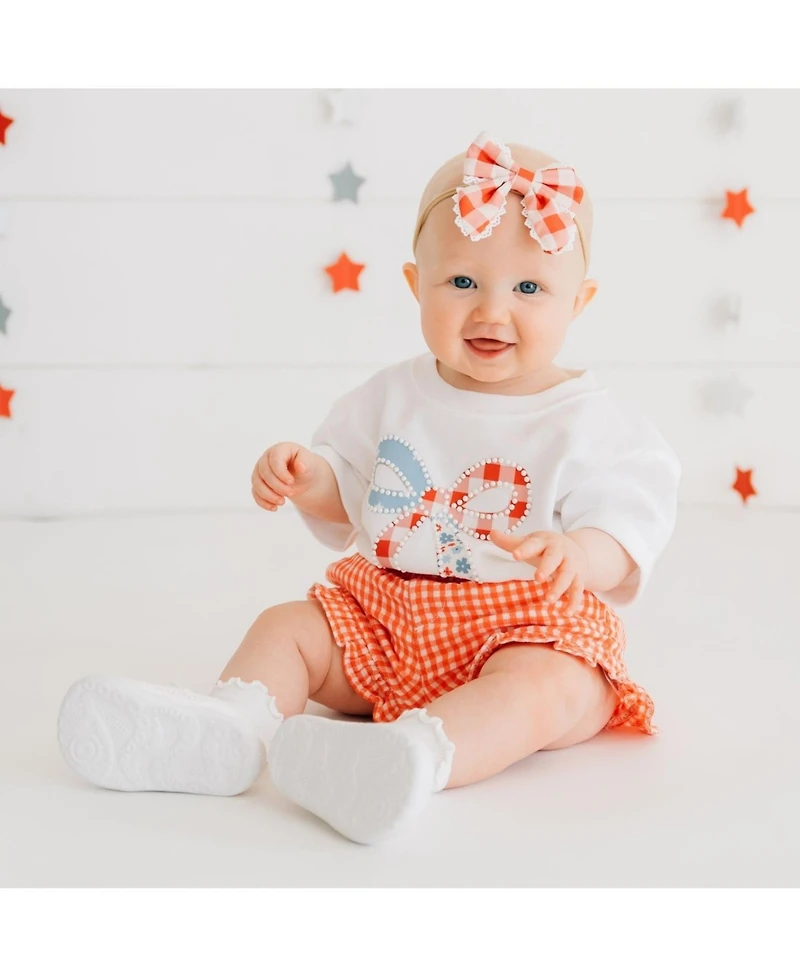 Sweet Wink Baby Girls Patchwork Bow Patch Short Sleeve Romper