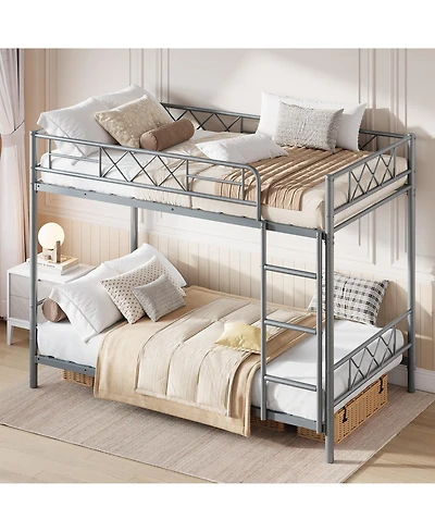 Heavy Duty Twin Over Bunk Bed for Adults and Teens - Metal Frame with Stairs, Full-Length Guardrail, Space-Saving, No Box Spring Needed