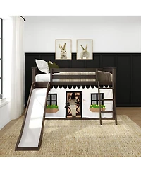 Max & Lily Low Bunk With Easy Slide and Farmhouse Curtain