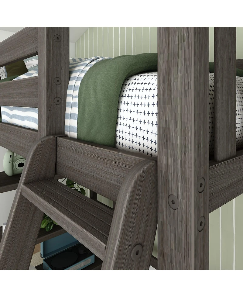 Max & Lily Solid Wood High Loft Bed,Twin Bed Frame For Kids With Bookcase and Ladder