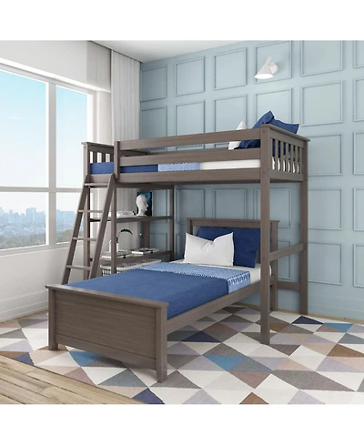 Max & Lily Solid Wood L-Shaped Twin over Bunk Bed with Bookcase for Kids