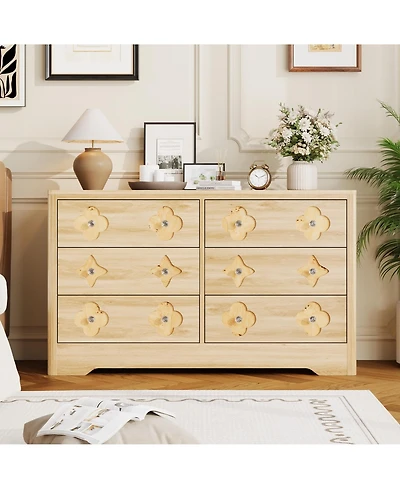 gaomon 47.2" Wide 6 Drawer Wood Dresser with Crystal Knobs, Bedroom Storage Chest Tv Stand Organizer