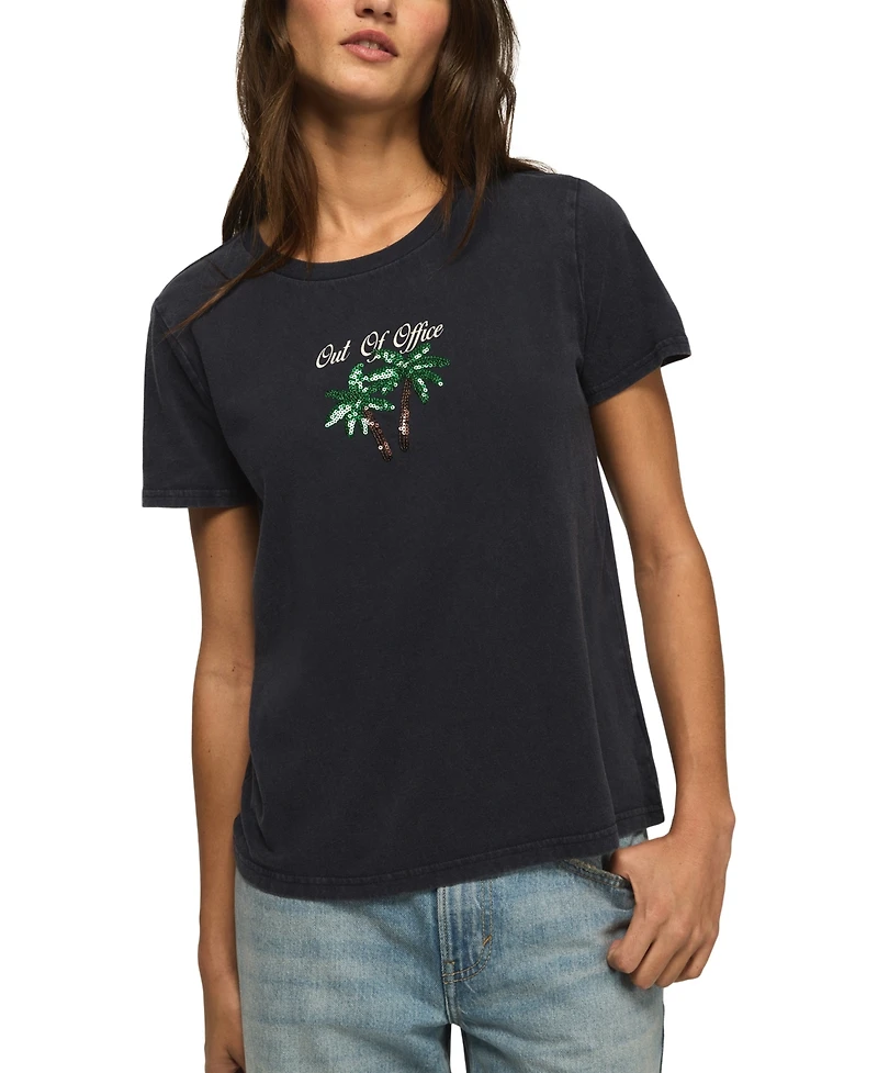 Lucky Brand Women's Out Of Office Stitched Palm Motif Crewneck Cotton T-Shirt