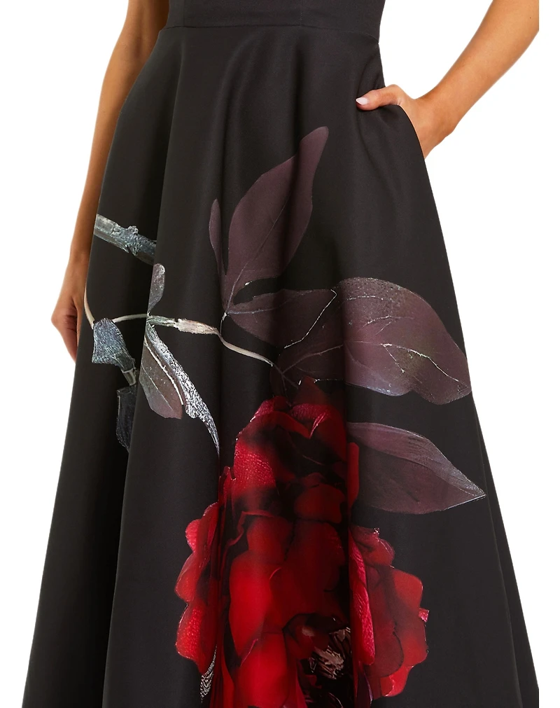 Mac Duggal Women's Strapless Crepe Floral Print A-Line Midi Dress with Pockets
