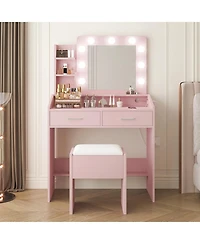 Homfan Modern Vanity Desk with Mirror, Led Lights, Power Outlet, Usb Ports, 2 Drawers, 3 Lighting Modes, Stool, Hairdryer Holder, Bedroom Makeup Table