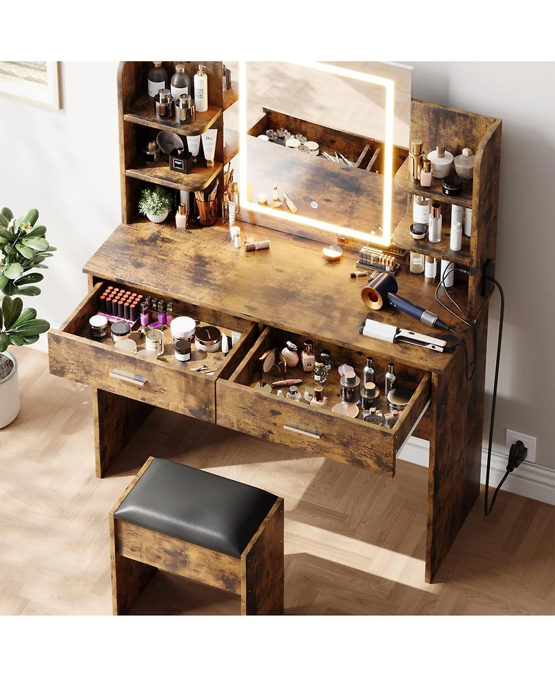 Homfan Makeup Vanity Desk with Mirror and Led Lights, 6 Storage Shelves, 2 Drawers, Cushioned Stool, Built-in Power Outlet, Dressing Room Table Set