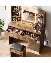 Homfan Makeup Vanity Desk with Mirror and Led Lights, 6 Storage Shelves, 2 Drawers, Cushioned Stool, Built-in Power Outlet, Dressing Room Table Set