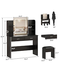 Homfan Makeup Vanity Desk with Mirror and Led Lights, 6 Storage Shelves, 2 Drawers, Cushioned Stool, Built-in Power Outlet, Dressing Room Table Set