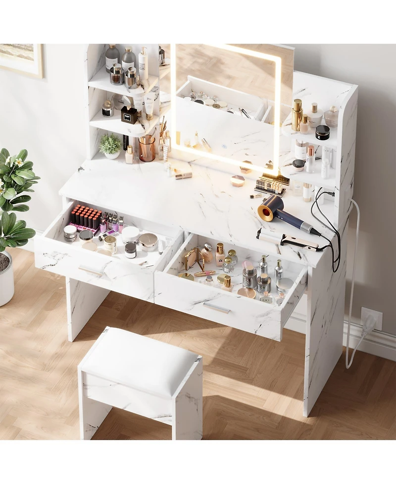 Homfan Makeup Vanity Desk with Mirror and Led Lights, 6 Storage Shelves, 2 Drawers, Cushioned Stool, Built-in Power Outlet, Dressing Room Table Set