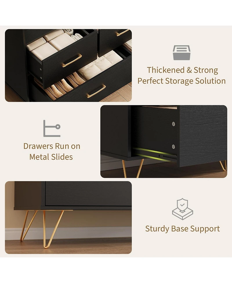 gaomon 47" 5 Drawer Dresser with Led Lights and Charging Station, Wood Storage Cabinet for Bedroom