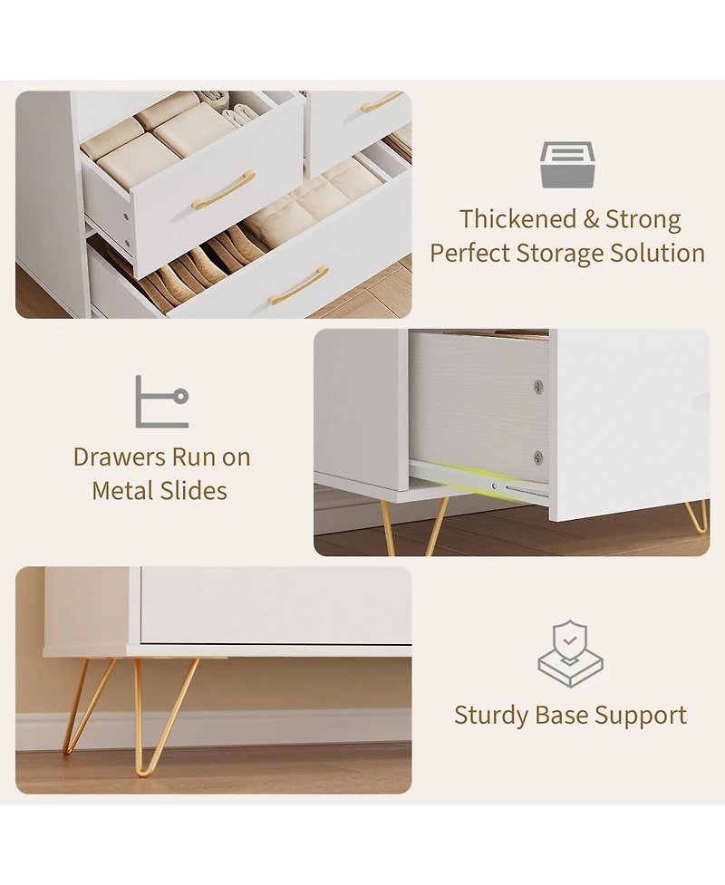 gaomon 47" 5 Drawer Dresser with Led Lights and Charging Station, Wood Storage Cabinet for Bedroom
