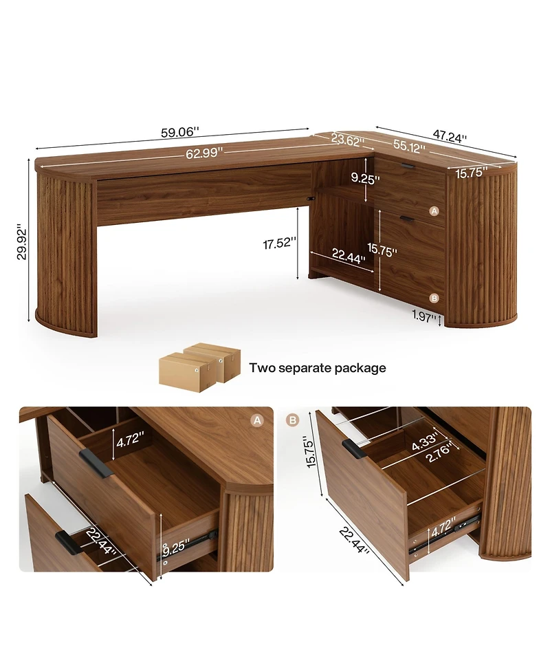 Tribesigns 1 Piece Fluted Engineered Wood L Shaped Executive Desk with Filing Cabinet, Storage Shelves and Privacy Panel