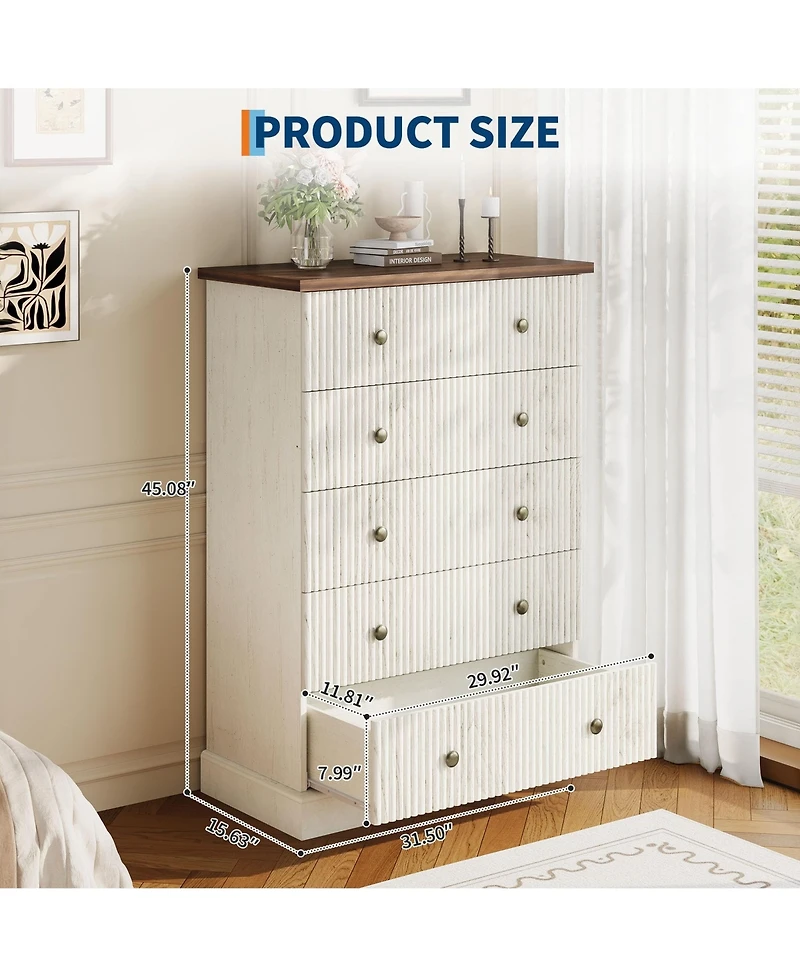 gaomon 5 Drawer Fluted Dresser, Slim Vertical Wood Chest with Metal Handles for Bedroom Apartment Guest Room