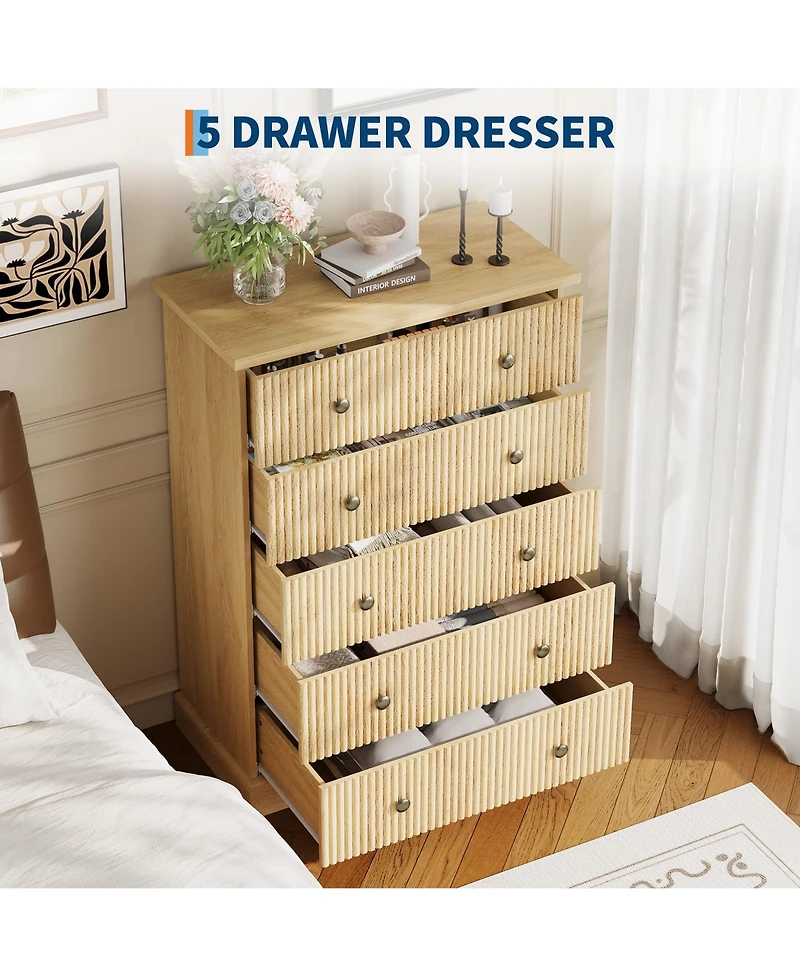 gaomon 5 Drawer Fluted Dresser, Slim Vertical Wood Chest with Metal Handles for Bedroom Apartment Guest Room