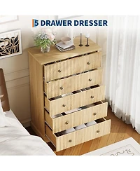 gaomon 5 Drawer Fluted Dresser, Slim Vertical Wood Chest with Metal Handles for Bedroom Apartment Guest Room
