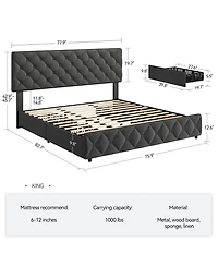 homfan Upholstered Platform Bed Frame with 4 Storage Drawers and Adjustable Diamond-Tufted Headboard
