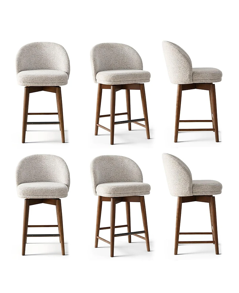 Maison Boucle Walnut Wood Swivel Counter Height Stools Set of 6, Chenille, Armless