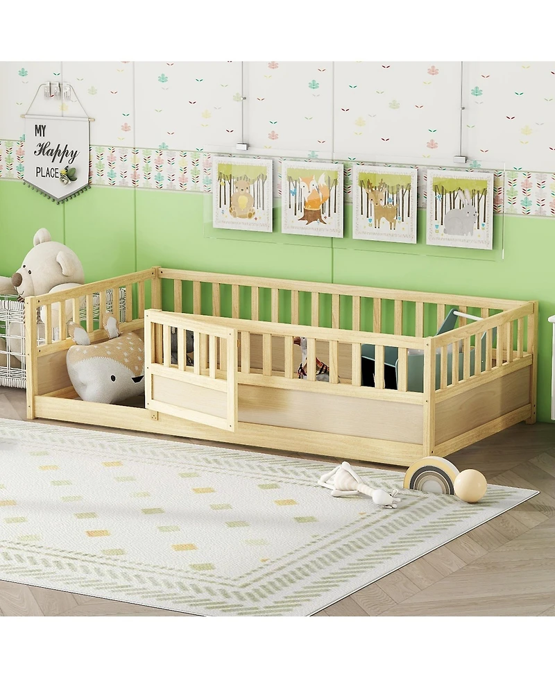 flynama Montessori Wooden Floor Bed With High Barrier And Door Wood For Kids Bedroom