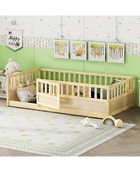 flynama Montessori Wooden Floor Bed With High Barrier And Door Wood For Kids Bedroom