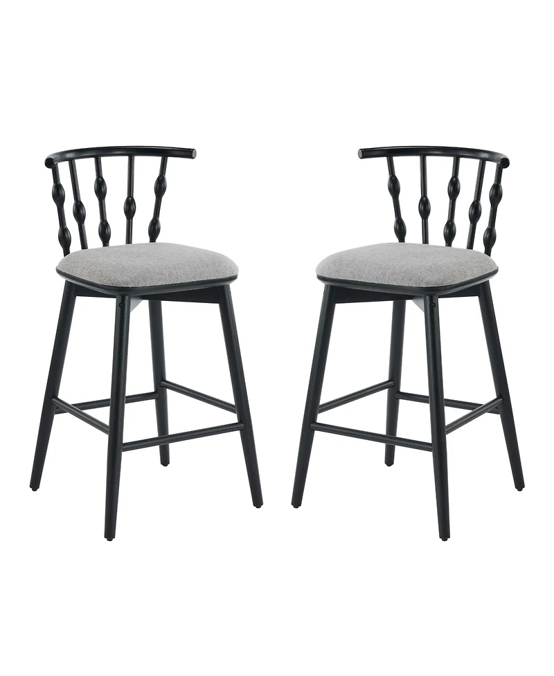 Rainsken Set of 2 Wooden Fabric Upholstered Counter Height Bar Stools with Hourglass Backrest and Footrest