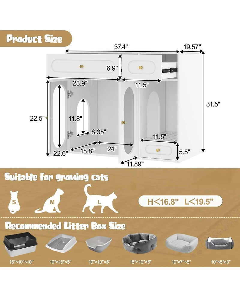 6thdruple Modern Green Cat Litter Box Cabinet, Led Hidden Cat House with Storage Drawers