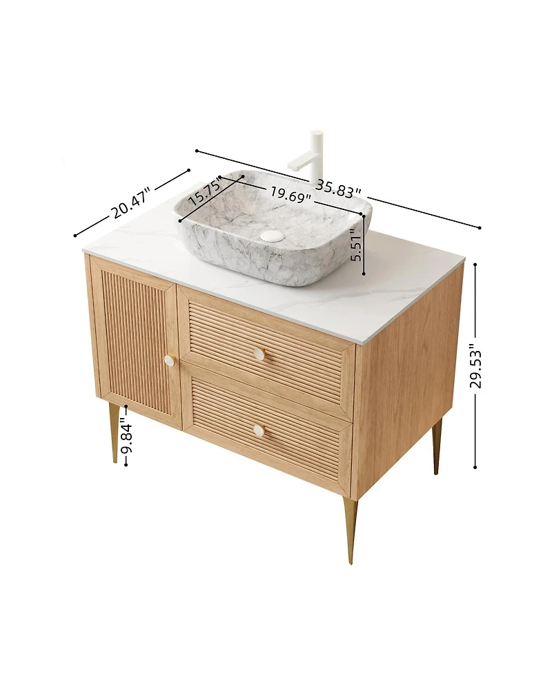 Sillysis 36 Inch Modern Bathroom Vanity with Ceramic Basin, Sintered Stone Countertop, 2 Drawers and 1 Door